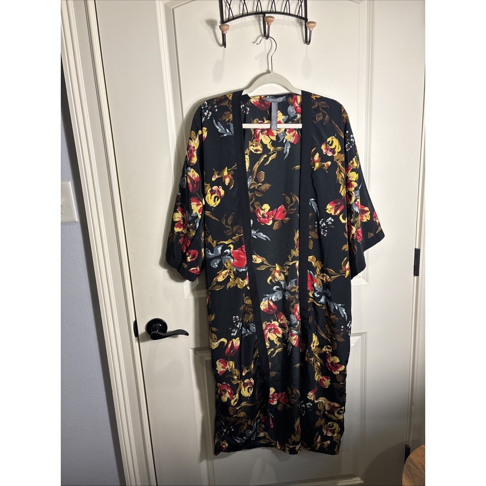 Vince Camuto Black Floral Kimono Duster Long Open Front Lightweight One Size